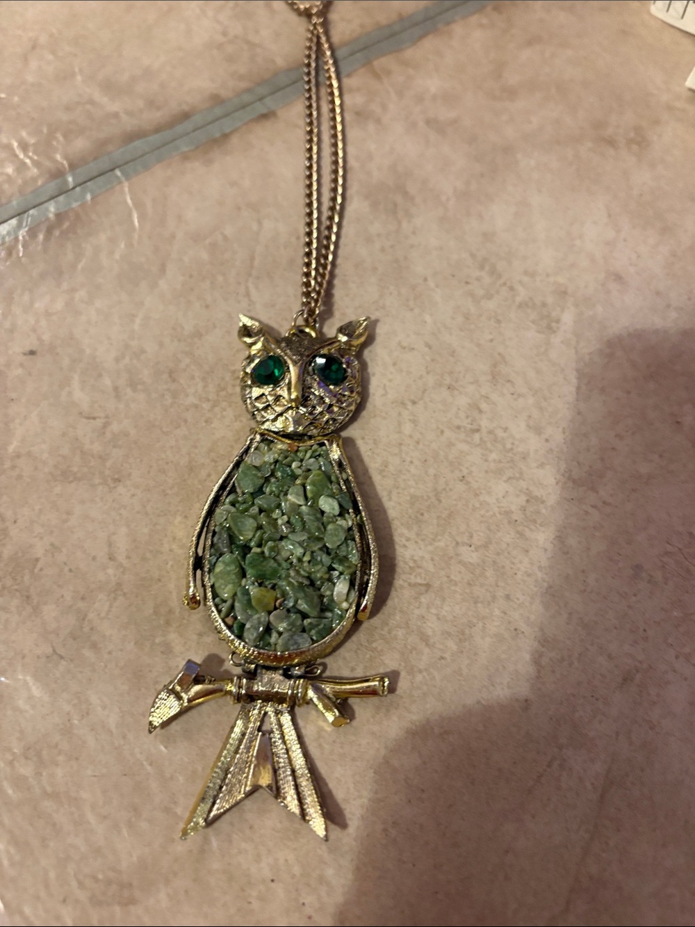 Gold-Tone Owl Pendant Necklace with Green Stone Inlay solid!